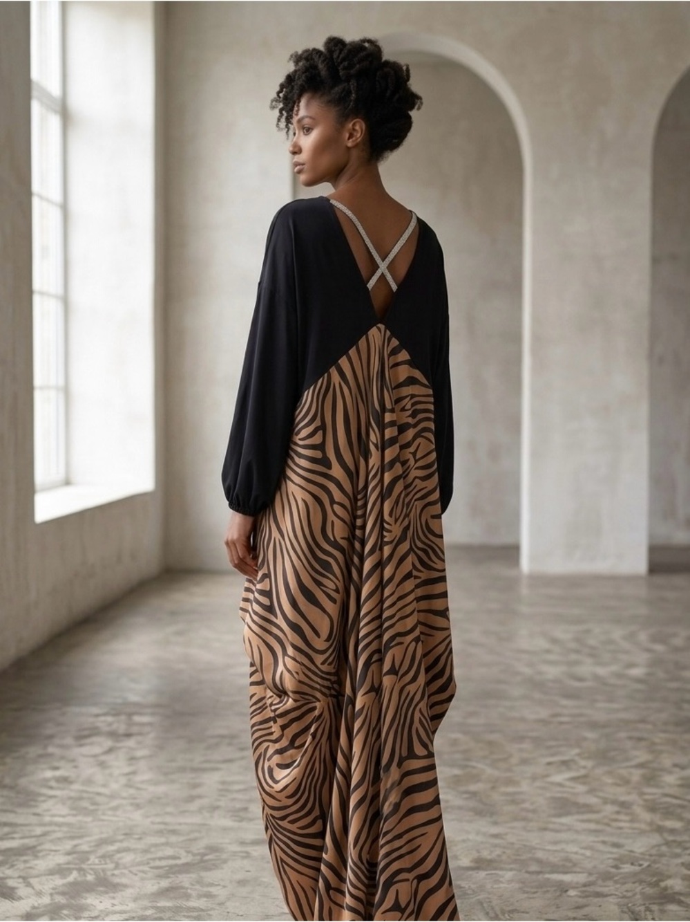 Black & Brown Zebra-Print Maxi Dress with Crisscross Back Detail